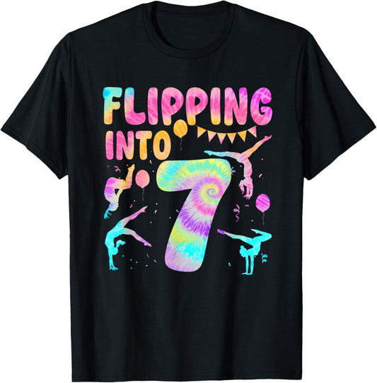 Flipping Into 7 Years Old Birthday Girl Gymnast 7th T-Shirt - T-Shirt | Black
