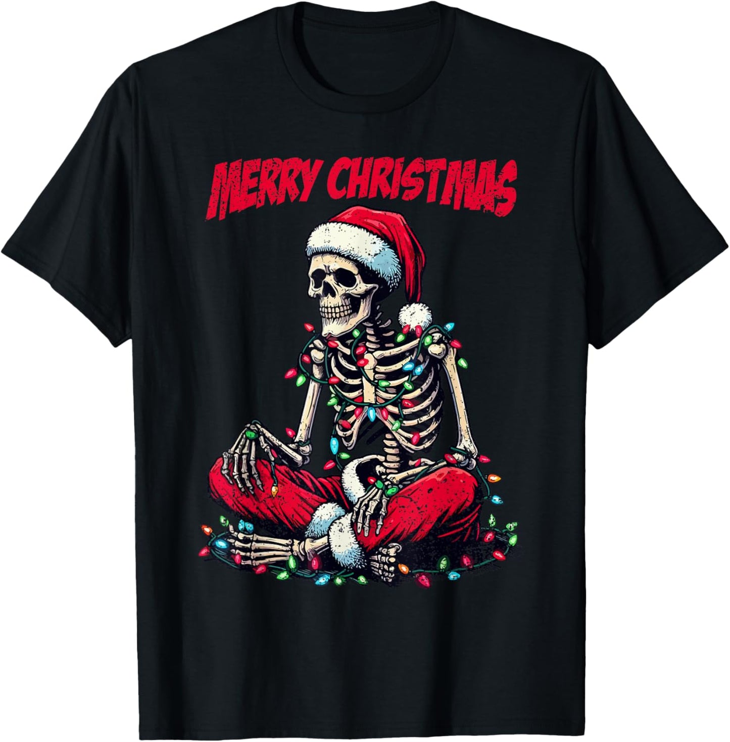 Skeleton Santa Hat Merry Christmas X-mas Lights Holiday T-Shirt - T-Shirt | Black