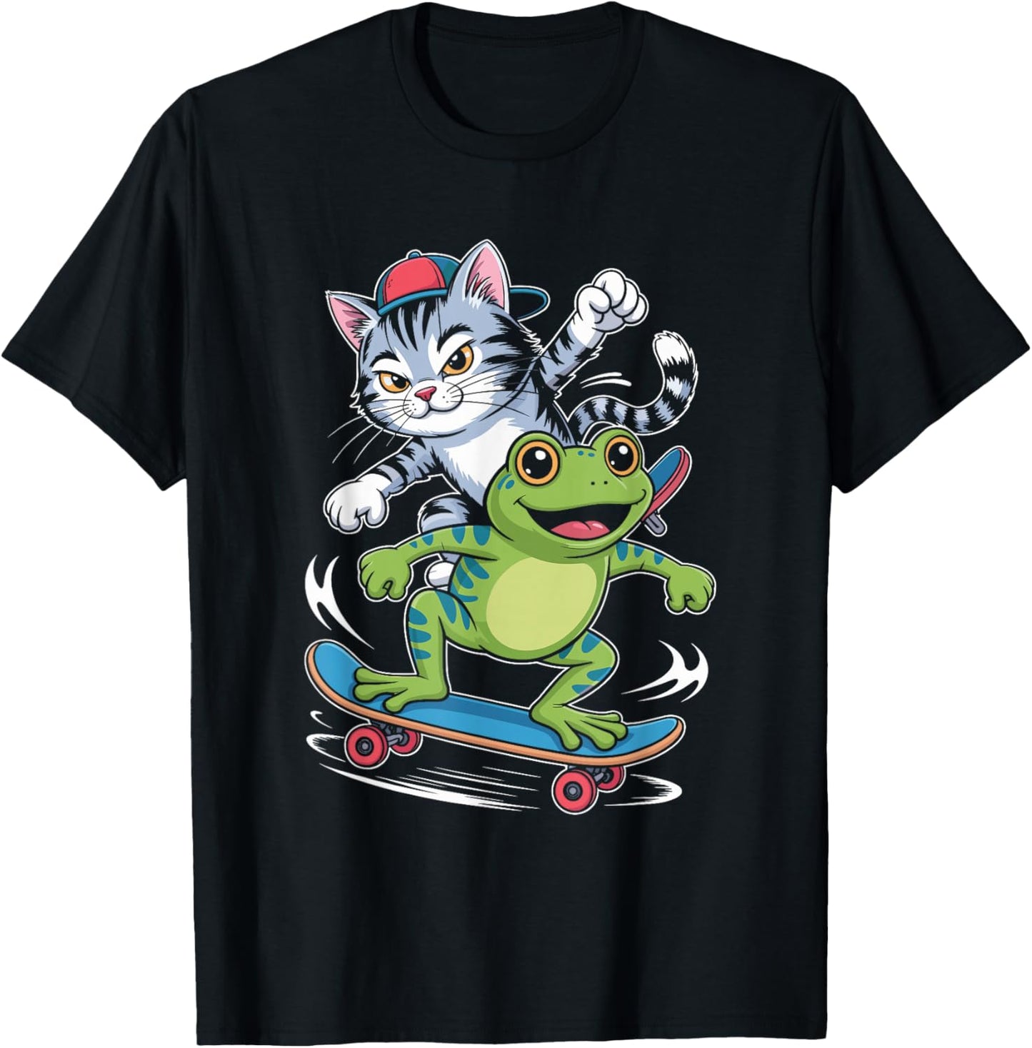 Skateboarding Cat with Frog Sidekick Line Art T-Shirt - T-Shirt | Black
