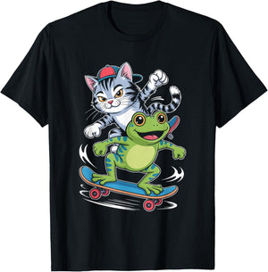 Skateboarding Cat with Frog Sidekick Line Art T-Shirt - T-Shirt | Black