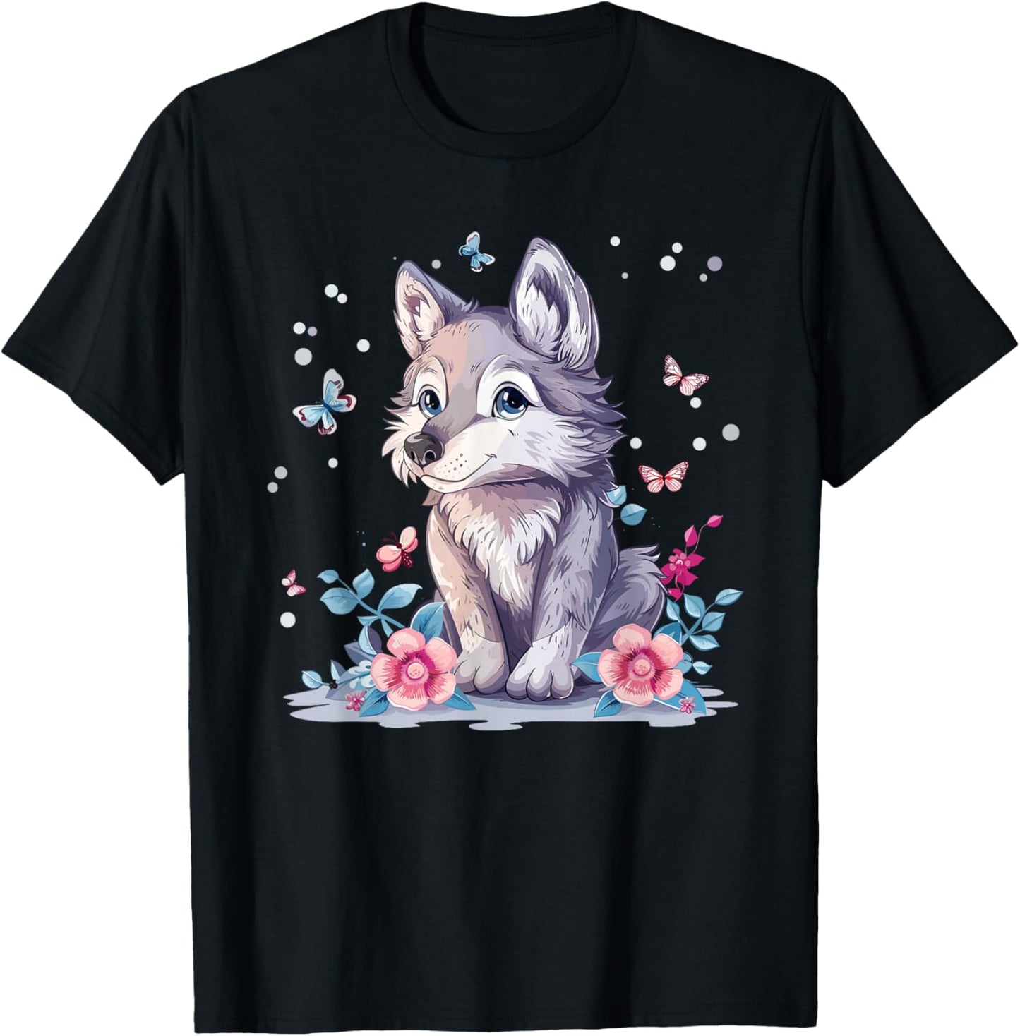 Cute Wolf With Flowers I Kids Wolf T-Shirt - T-Shirt | Black