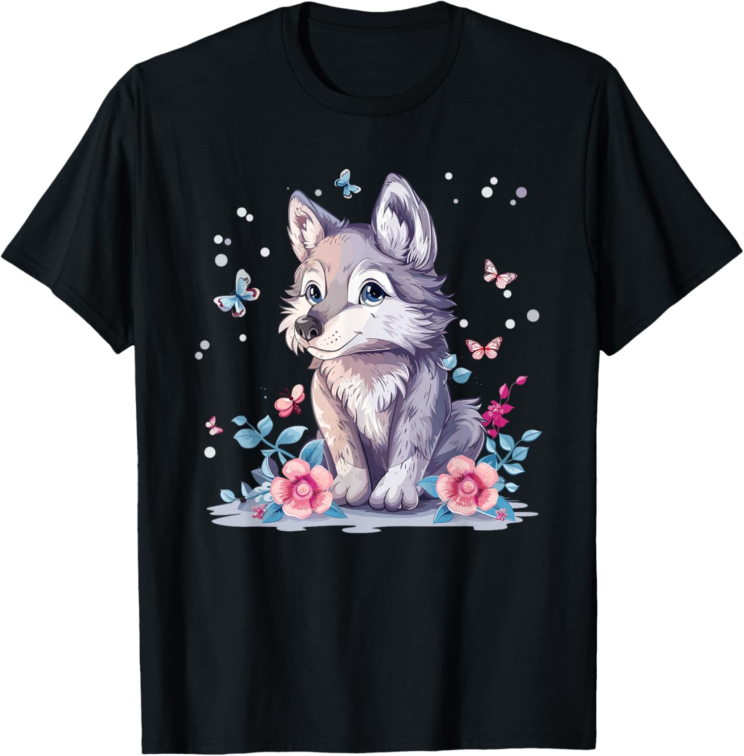 Cute Wolf With Flowers I Kids Wolf T-Shirt - T-Shirt | Black