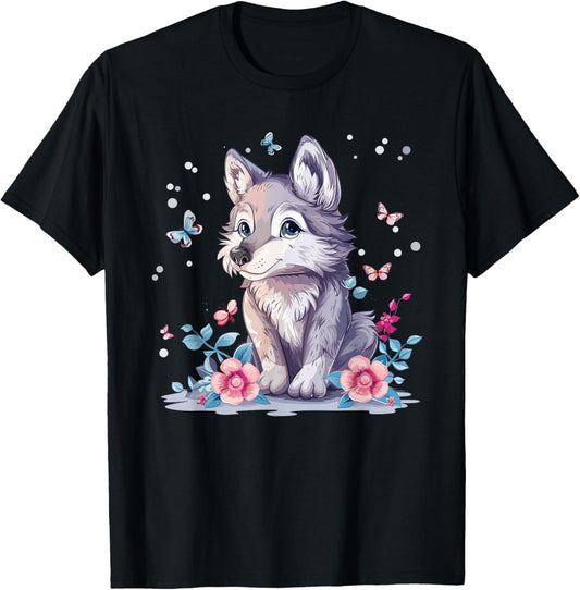 Cute Wolf With Flowers I Kids Wolf T-Shirt - T-Shirt | Black