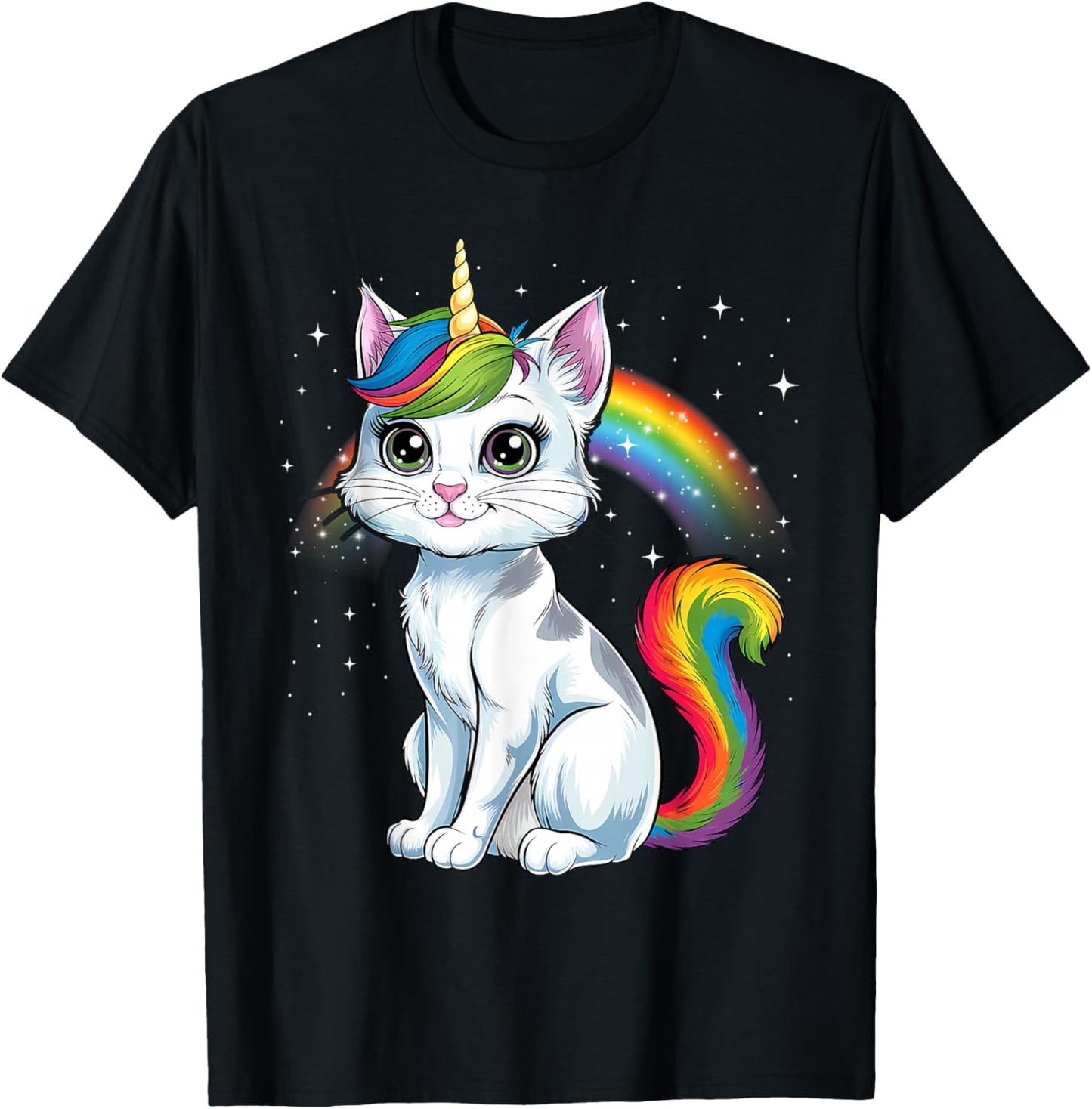 Cute Unicorn Cat Adorable Smiling Rainbow Kitty T-Shirt - T-Shirt | Black