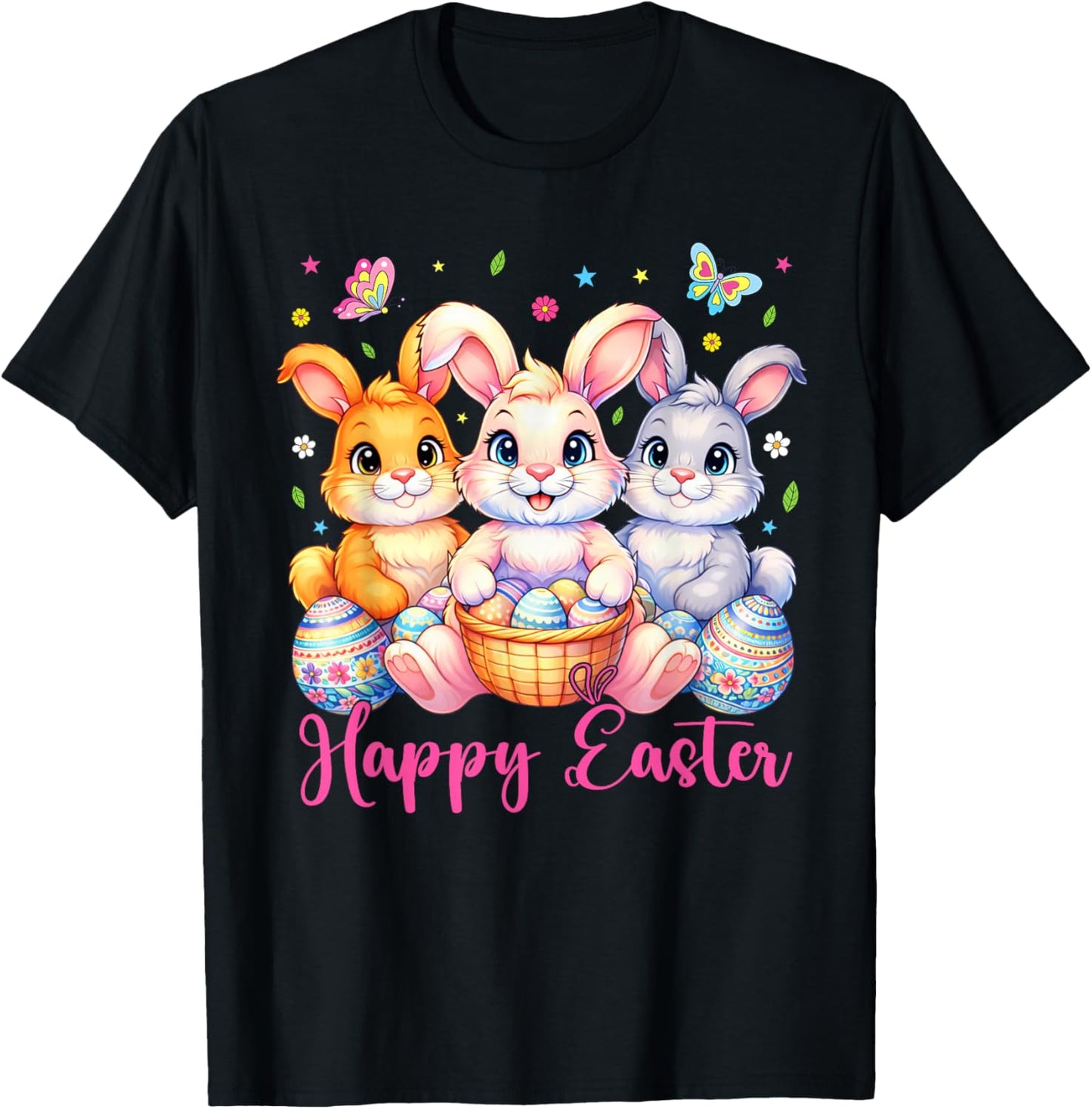 Happy Easter 2026 Cute Bunny Rabbit Easter Day Women Girls T-Shirt - T-Shirt | Black