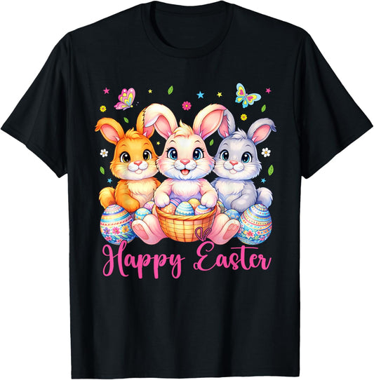 Happy Easter 2026 Cute Bunny Rabbit Easter Day Women Girls T-Shirt - T-Shirt | Black