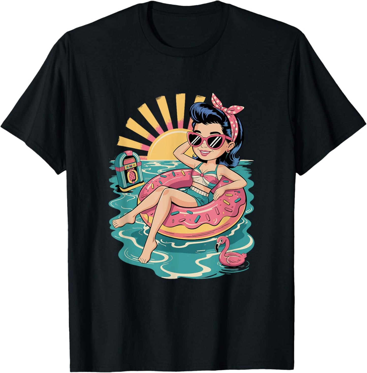 Funny Beach Summer Retro Rockabilly Pin Up Girl T-Shirt - T-Shirt | Black