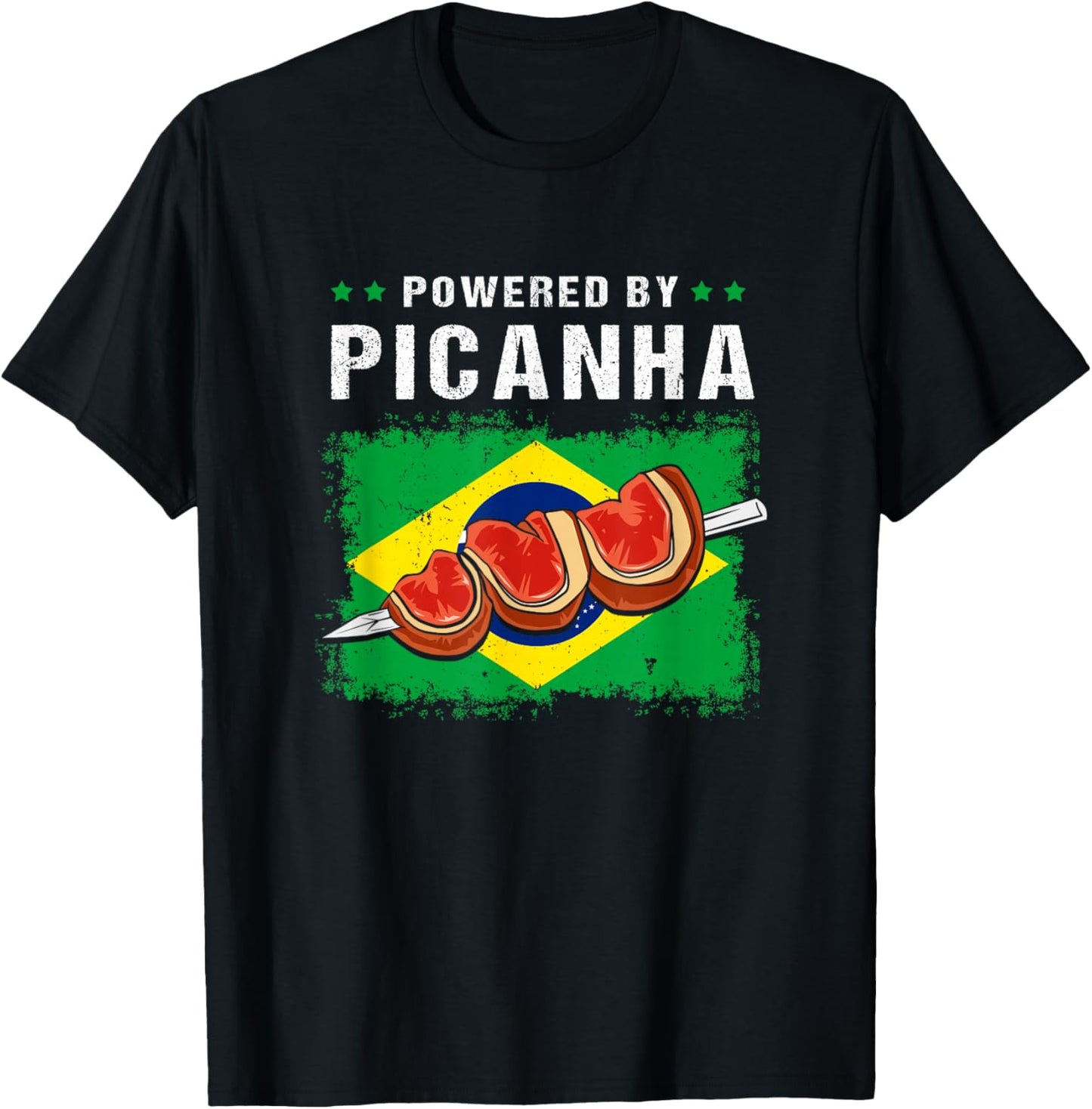 Powered By Picanha Steak Brasil Funny Brazil Flag T-Shirt - T-Shirt | Black