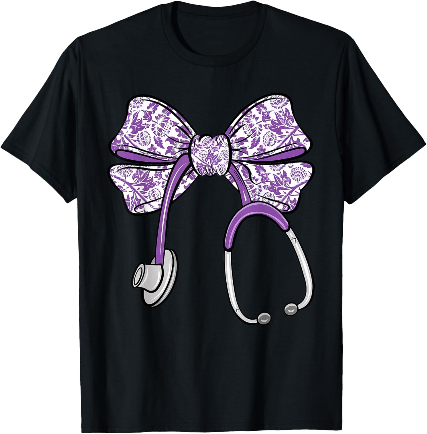 Cute Floral Coquette Purple Nurse Bow Ribbon Stethoscope RN T-Shirt - T-Shirt | Black