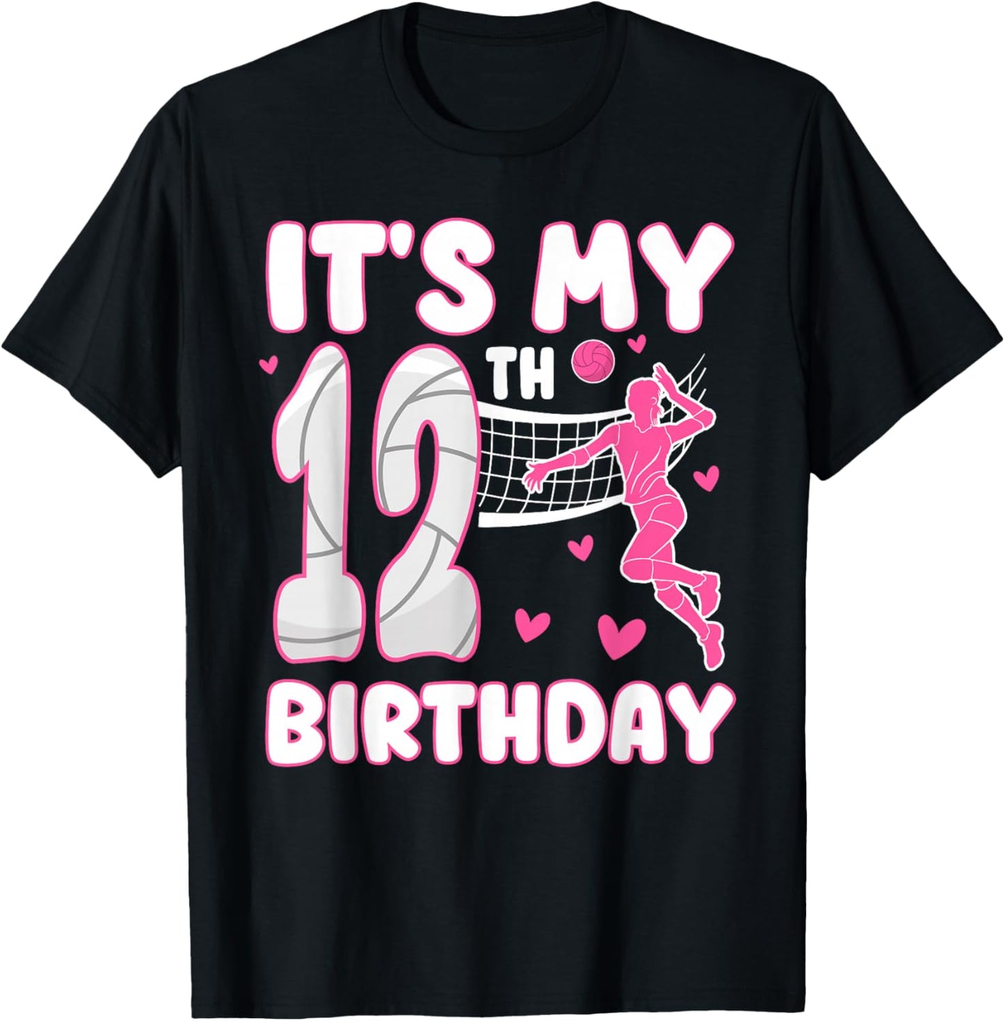 It's My 12th Birthday Girl Volleyball Theme 12 Years Old T-Shirt - T-Shirt | Black
