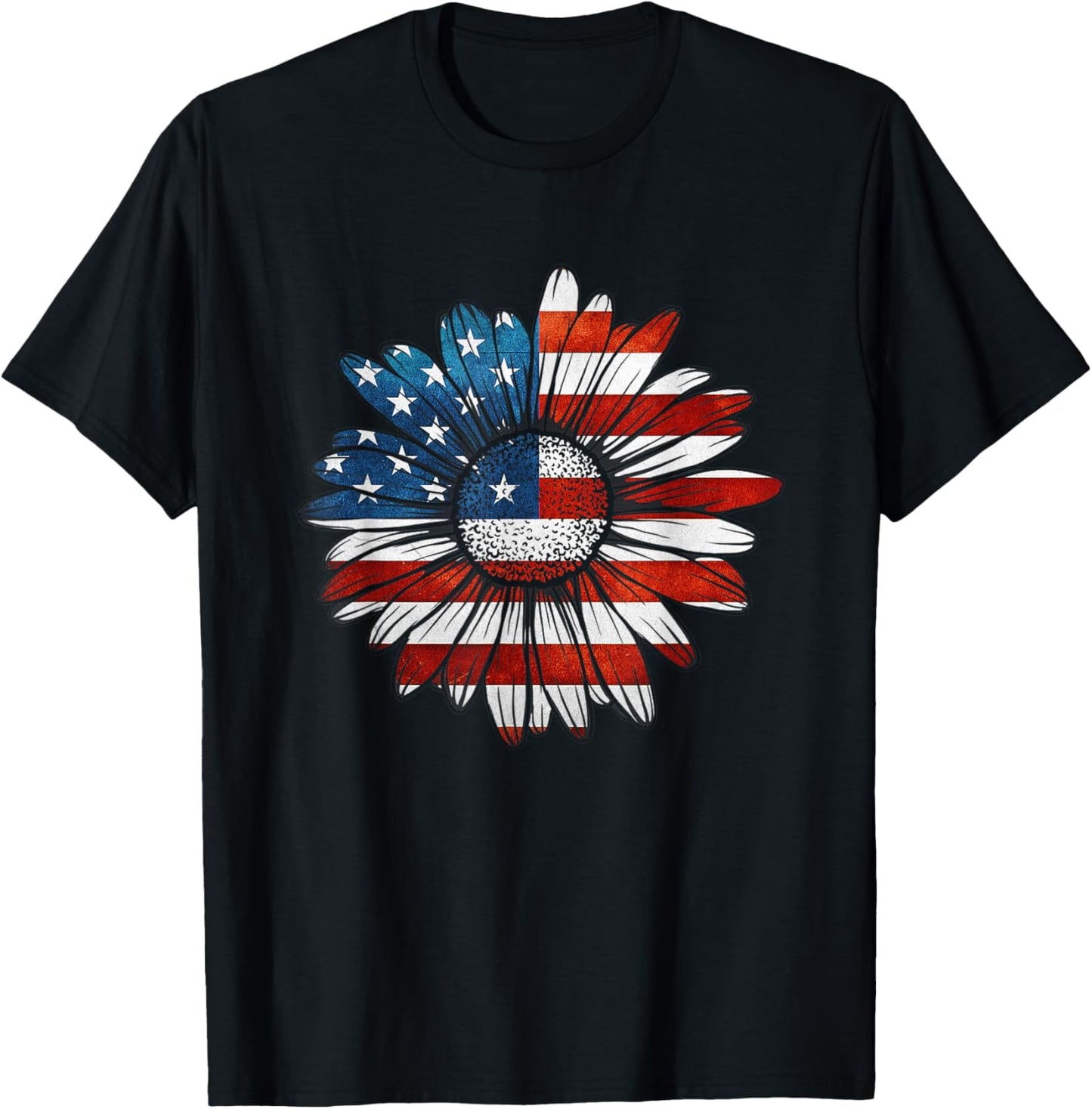 Vintage Daisy USA American Flag 4th of July Patriotic Flower Women Kids Men T-Shirt - T-Shirt | Black