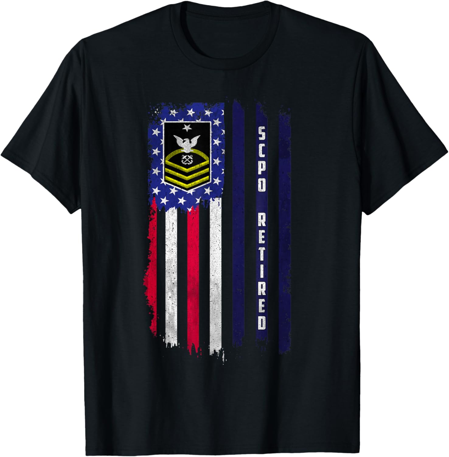 Retired E-8 Senior Chief Petty Officer Rank American Flag T-Shirt - T-Shirt | Black