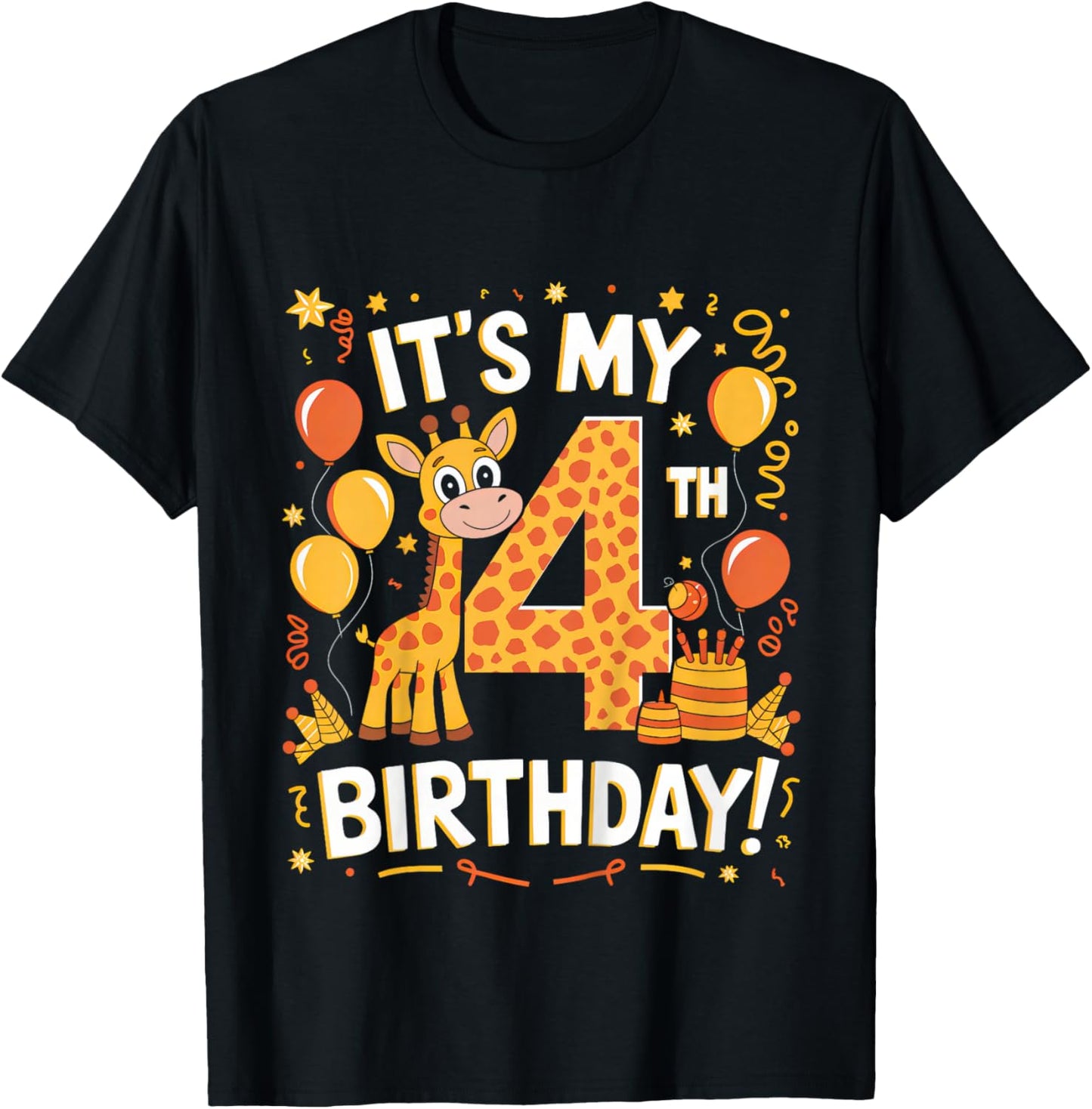 Kids Its My 4th Happy Birthday Giraffe 4 Years Old Party Toddlers T-Shirt - T-Shirt | Black