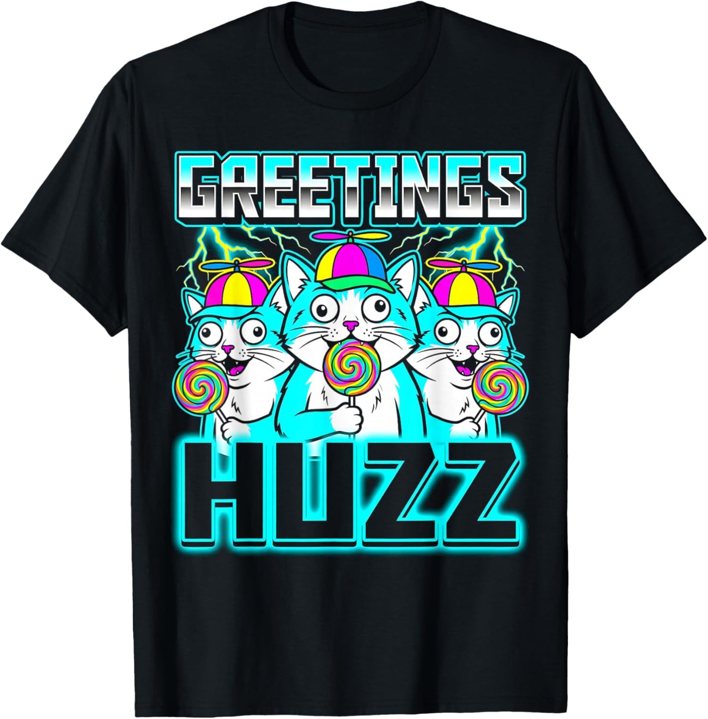 Greetings Huzz Meme Brainrot Cat Funny Gen Z Alpha Slang T-Shirt - T-Shirt | Black