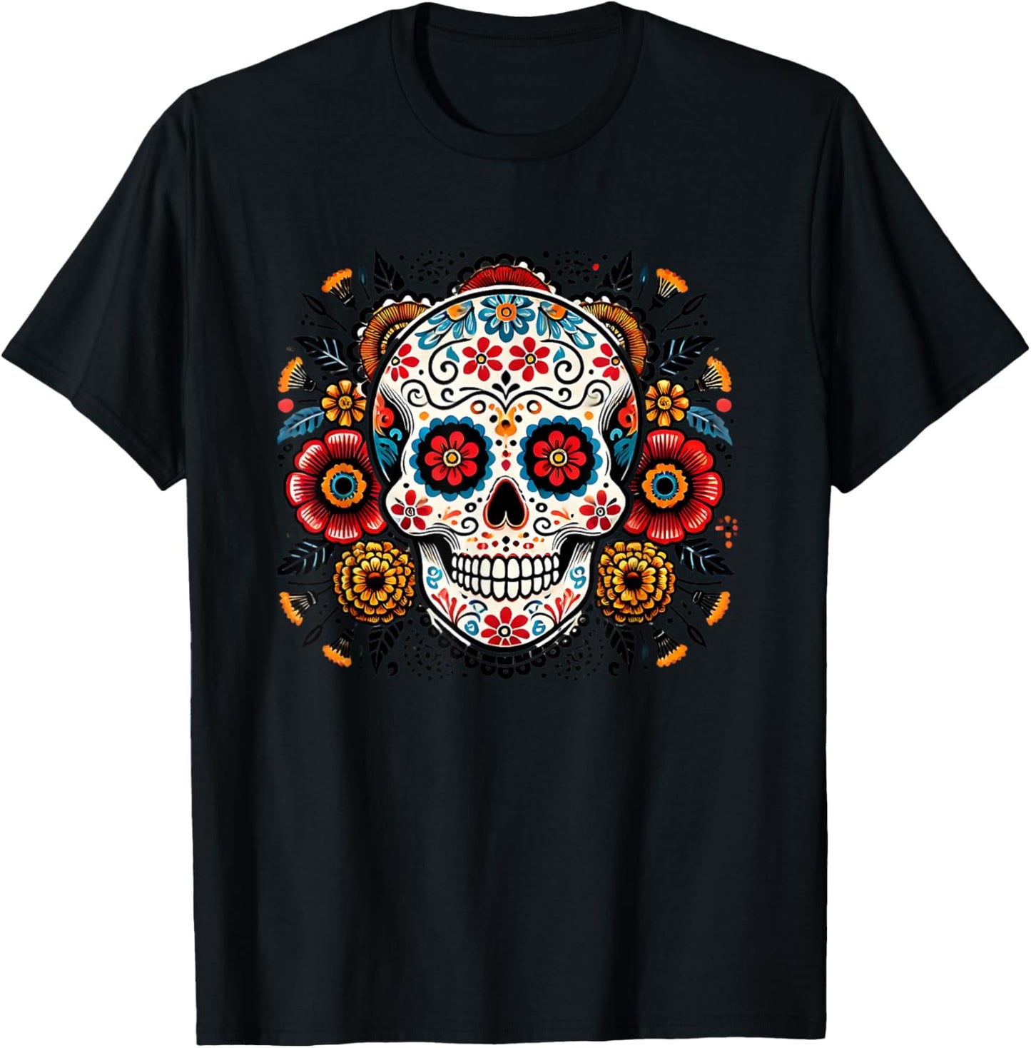 Sugar Skull Floral Art Men Women T-Shirt - T-Shirt | Black