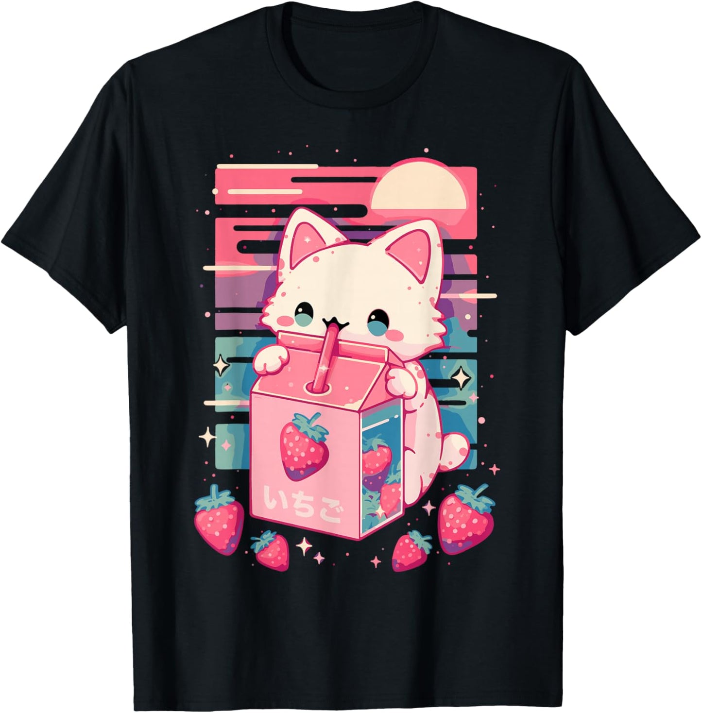 Cat Strawberry Milk Anime 90s Japanese Cat Japan T-Shirt - T-Shirt | Black