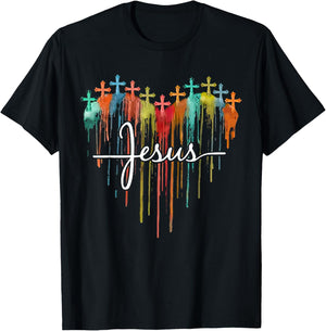 Colorful Jesus Cross Melting Heart For Christian Jesus Lover T-Shirt - T-Shirt | Black