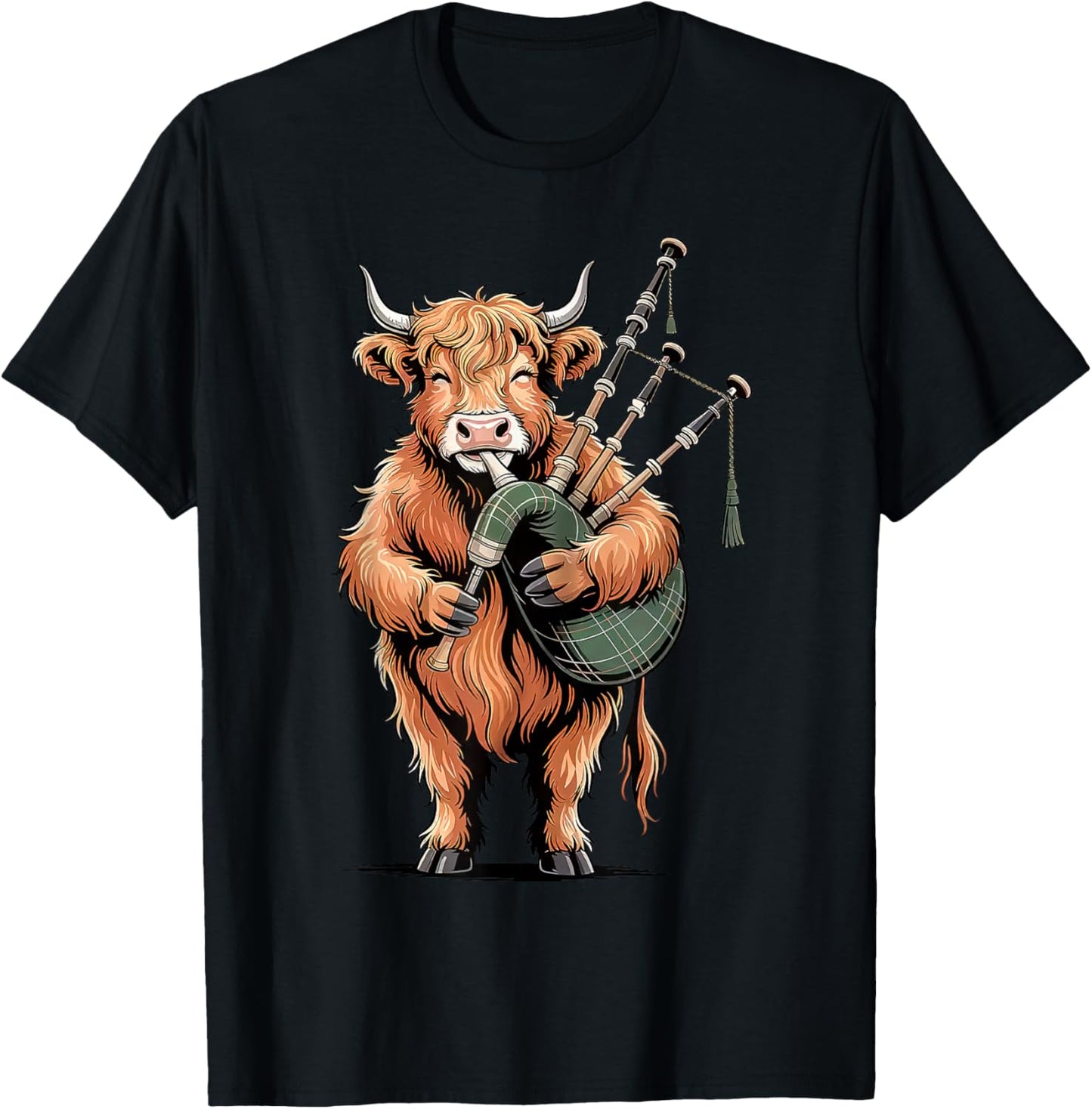 Cute Highland Cow Bagpipe Music Scottish Folk Music Lover T-Shirt - T-Shirt | Black