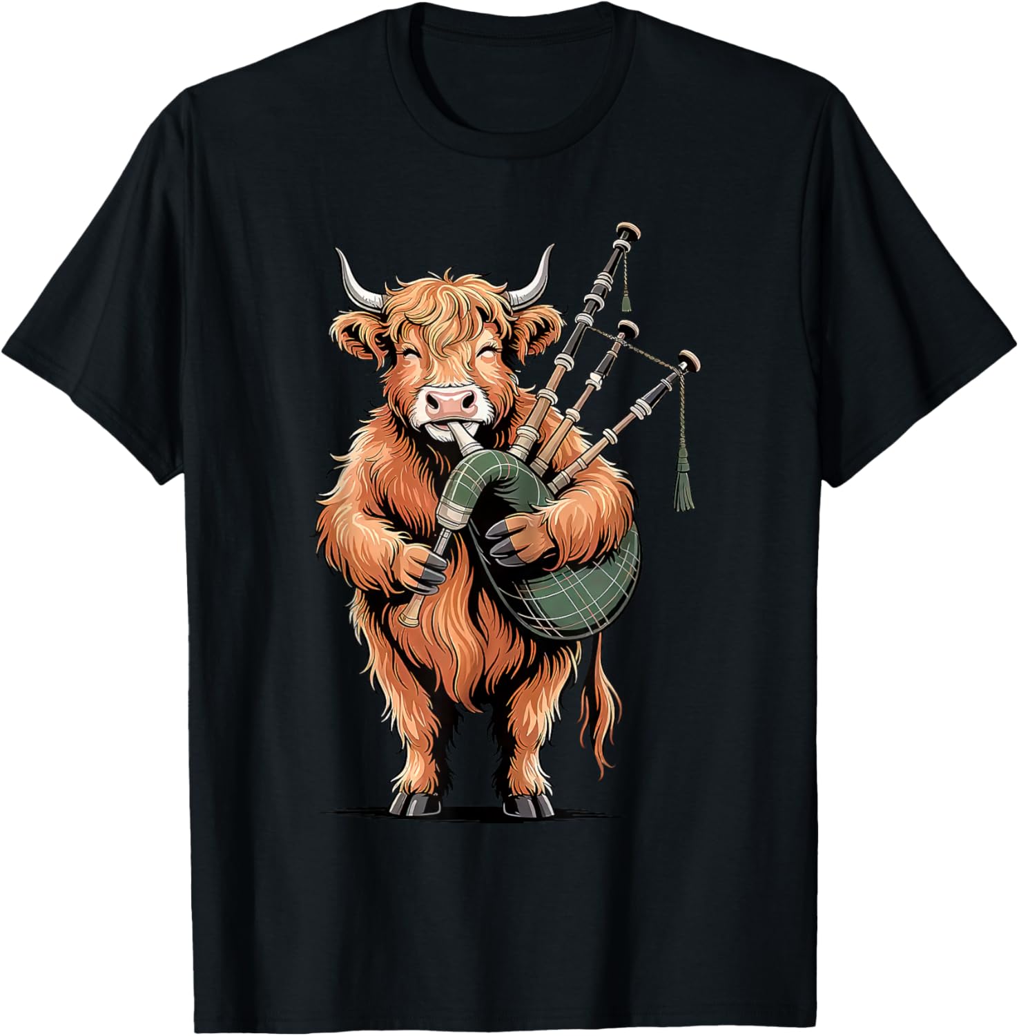 Cute Highland Cow Bagpipe Music Scottish Folk Music Lover T-Shirt - T-Shirt | Black