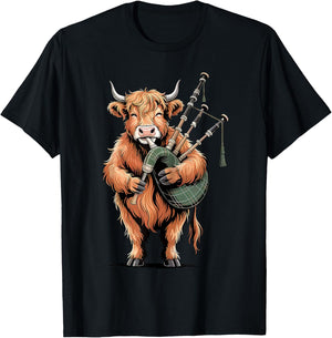 Cute Highland Cow Bagpipe Music Scottish Folk Music Lover T-Shirt - T-Shirt | Black