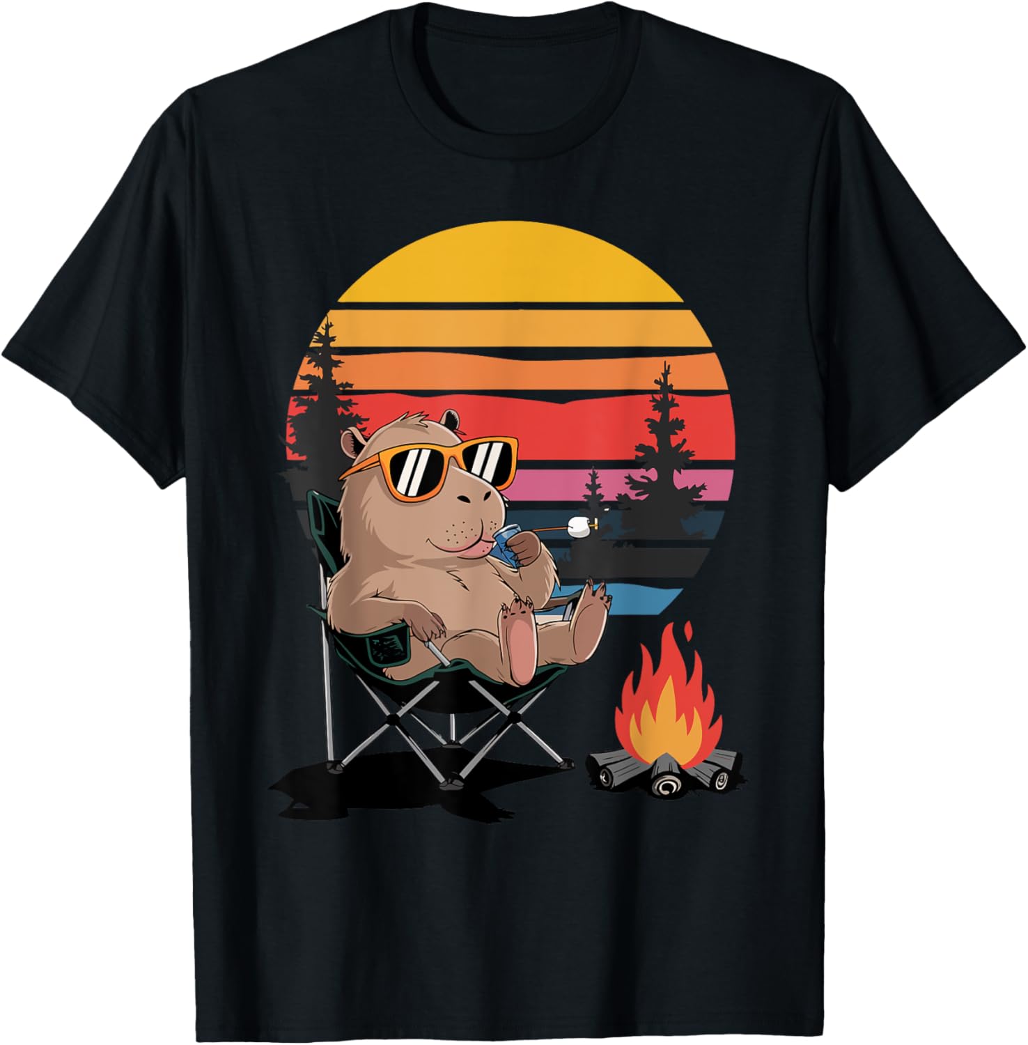 Funny Camping Capybara Graphic Cute Retro Capybara Campfire T-Shirt - T-Shirt | Black