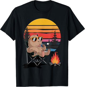 Funny Camping Capybara Graphic Cute Retro Capybara Campfire T-Shirt - T-Shirt | Black