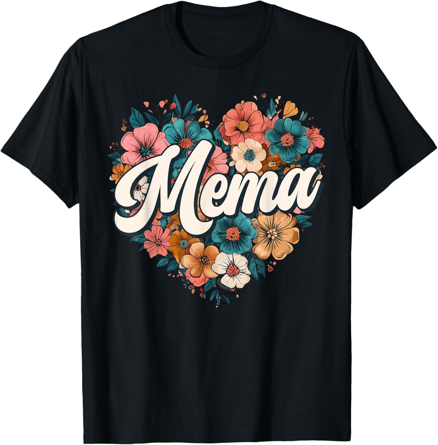 Mema Floral Heart Flower Mother's Day Vintage Retro T-Shirt - T-Shirt | Black