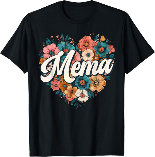 Mema Floral Heart Flower Mother's Day Vintage Retro T-Shirt - T-Shirt | Black