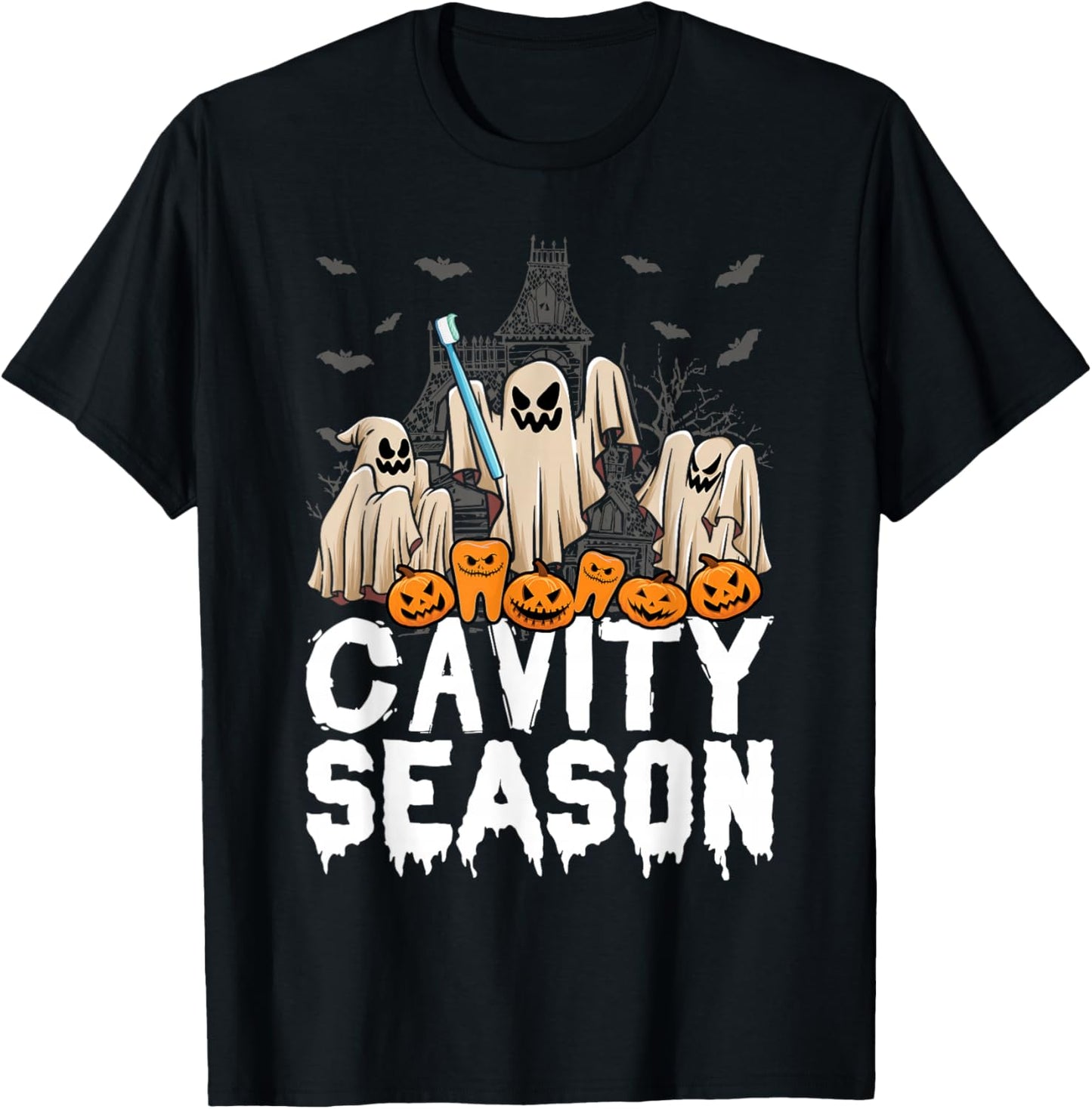 Cavity Season Halloween Funny Dental Ghosts And Toothbrush T-Shirt - T-Shirt | Black