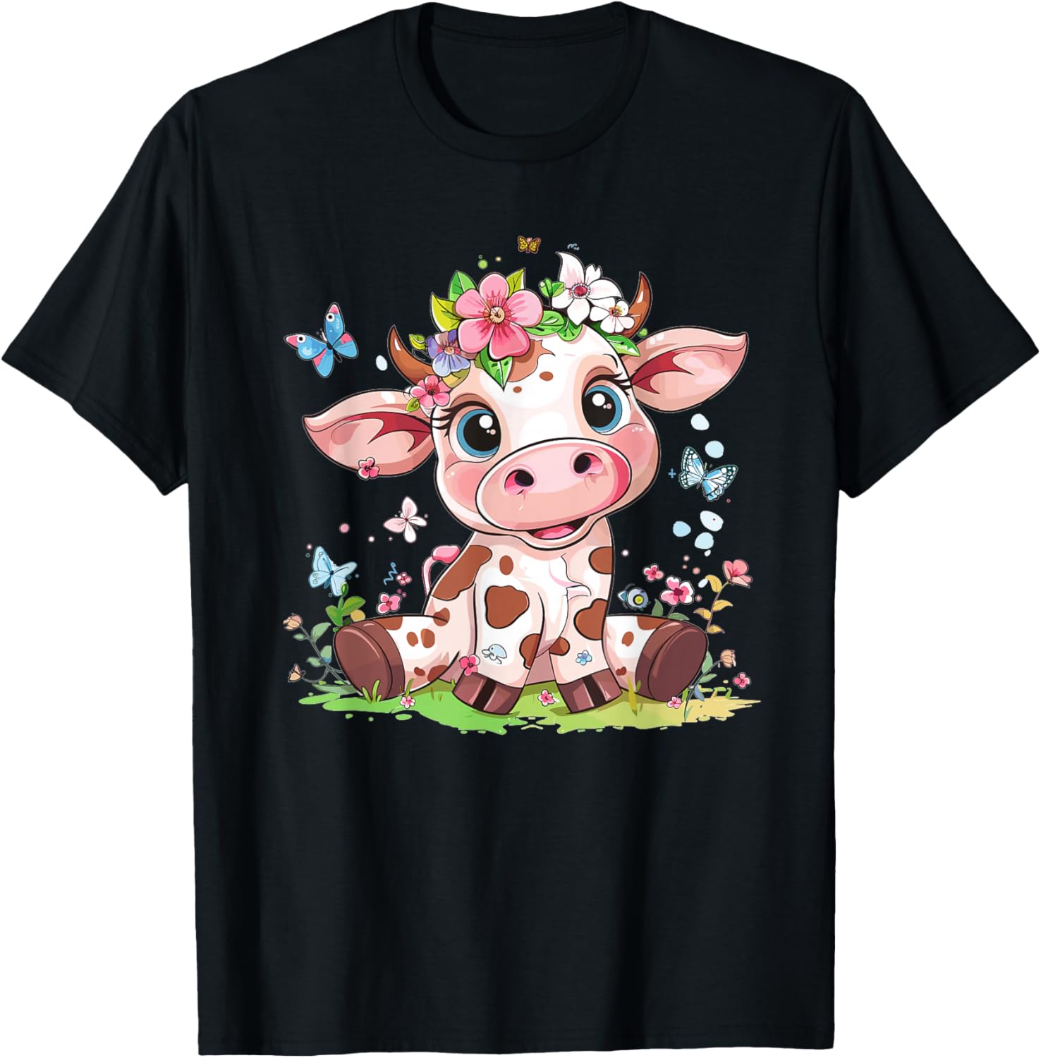 Cute Cow with Flowers I Kids Cow T-Shirt - T-Shirt | Black
