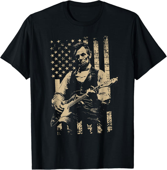 abe Lincoln Playing Guitar USA Flag 4th July Lincoln Guitar T-Shirt - T-Shirt | Black