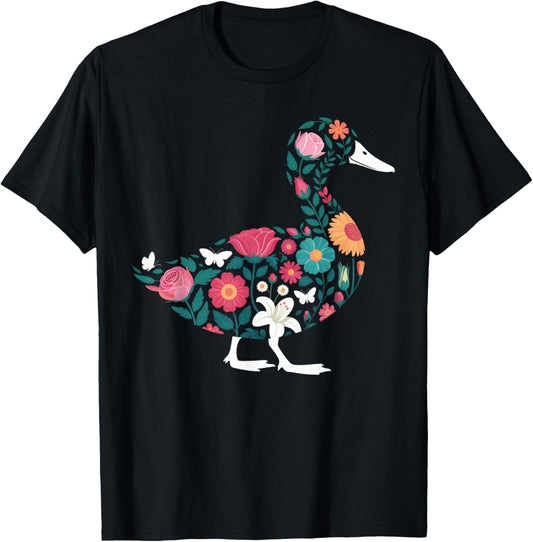 Colorful Flowers Duck Stuff Cute Duck Jersey Floral Duck T-Shirt - T-Shirt | Black