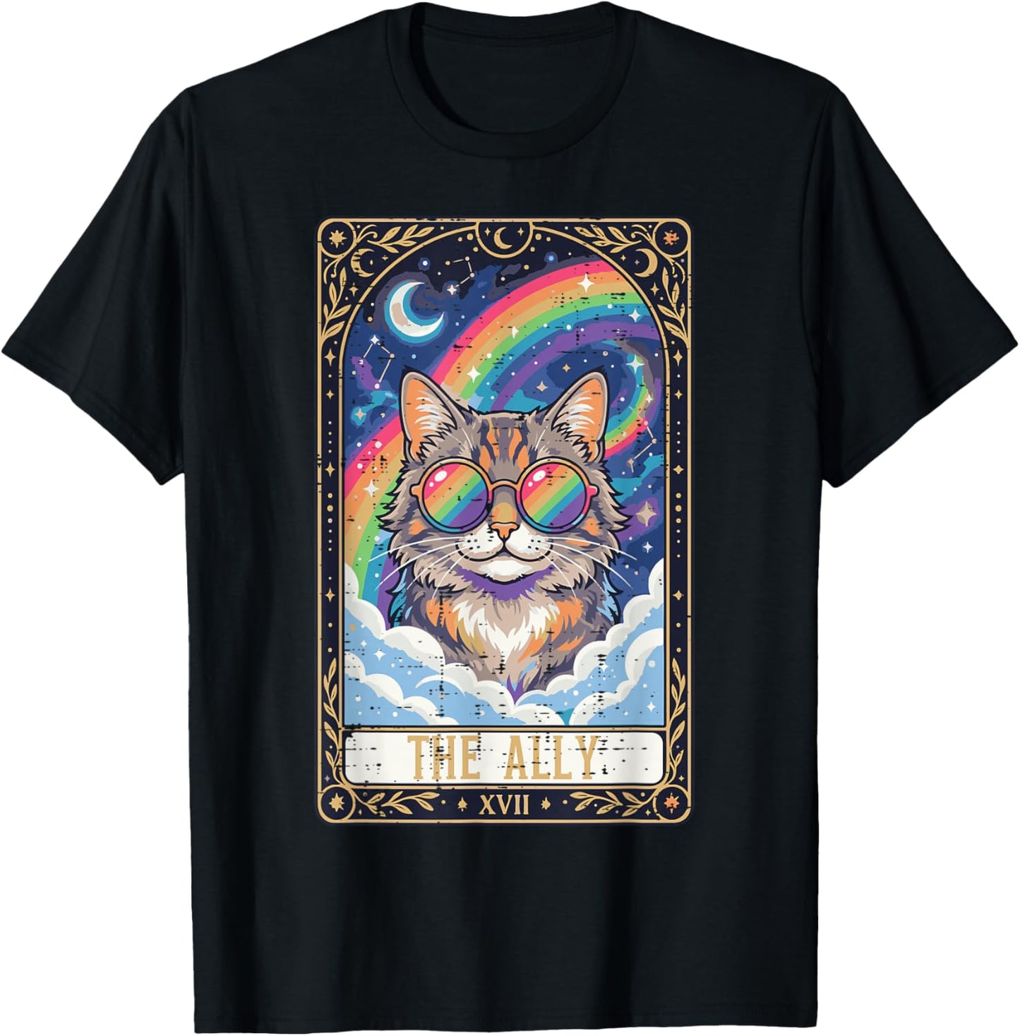 Ally Cat Sunglasses Rainbow Tarot Gay Pride LGBTQ Women Men T-Shirt - T-Shirt | Black