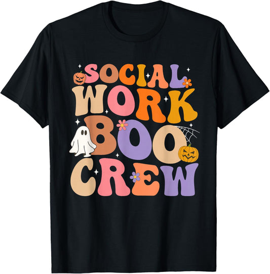 Retro Social Worker Boo Crew Halloween Spooky Psychologist T-Shirt - T-Shirt | Black