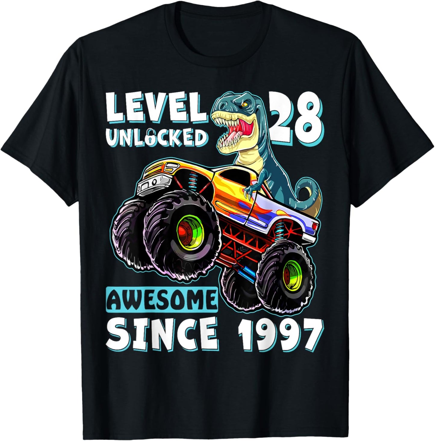 Level 28 Unlocked T Rex Monster Truck Dinosaur 28th Birthday T-Shirt - T-Shirt | Black