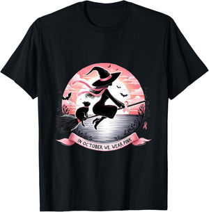 Witch In October We Wear Pink Ribbon Breast Cancer Awareness T-Shirt - T-Shirt | Black