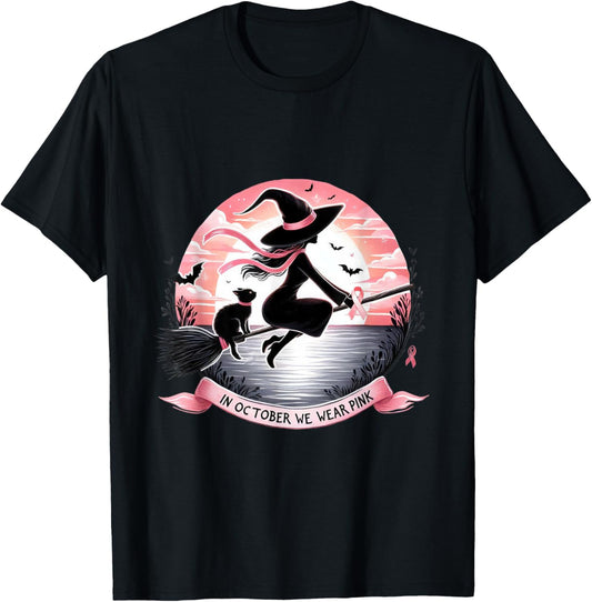 Witch In October We Wear Pink Ribbon Breast Cancer Awareness T-Shirt - T-Shirt | Black