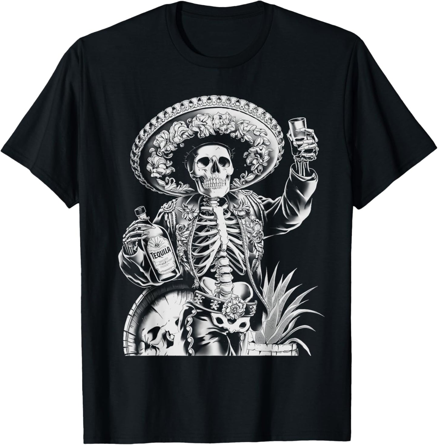 Mexico Vintage Skeleton Tequila Dia De Los Muertos Mexican T-Shirt - T-Shirt | Black
