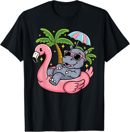 Summer Beach Pool Party Hippo Gonflable Flamingo Hawaïen T-Shirt - T-Shirt | Black