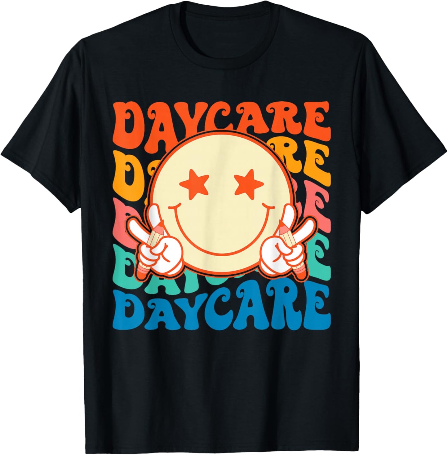 Smile face Daycare Groovy Teachers Kids First Day Of School T-Shirt - T-Shirt | Black
