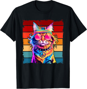 Psychedelic Peace Cat Colorful Hippie Retro Groovy Vibes Men Women Kids T-Shirt - T-Shirt | Black