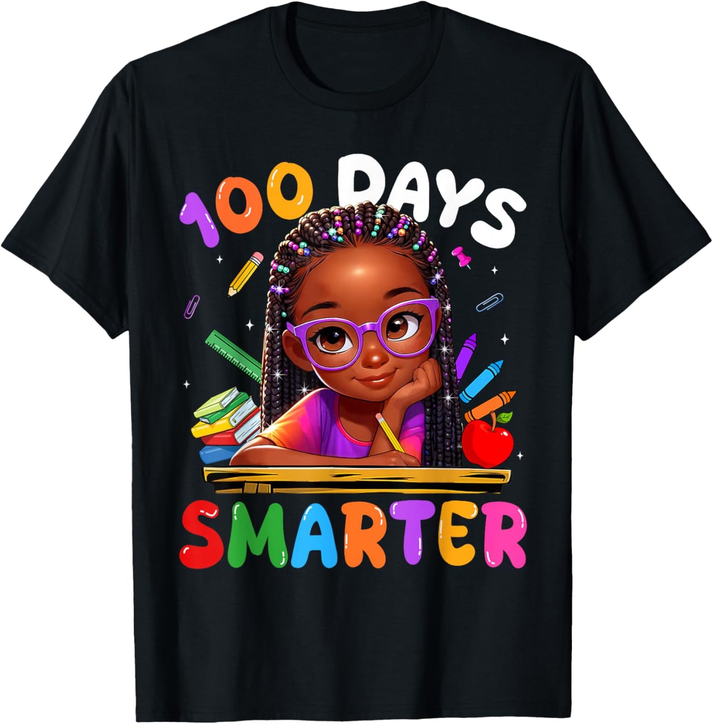 100 Days Smarter Black Girl Messy Bun 100th Day of School T-Shirt - T-Shirt | Black