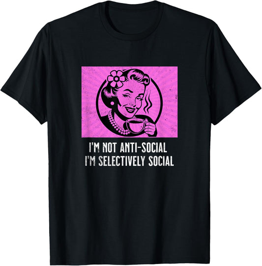 Retro Woman Coffee Funny Sarcastic Selectively Social Meme T-Shirt - T-Shirt | Black