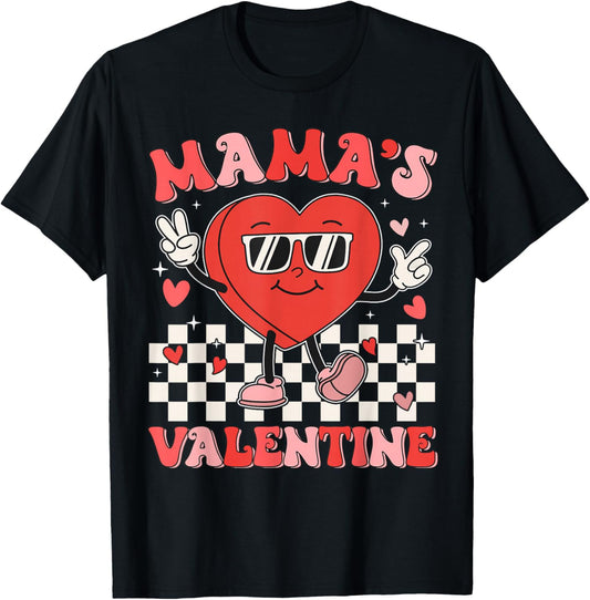 Retro Groovy Mama is My Valentine Cute Heart Boys Girls Kids T-Shirt - T-Shirt | Black