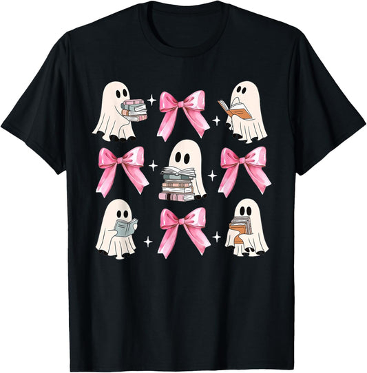 Little Pink Bow Ghost Reading Books Halloween Coquette Book T-Shirt - T-Shirt | Black