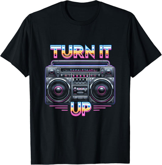 Retro Boombox Turn It Up Style Graphic T-Shirt - T-Shirt | Black