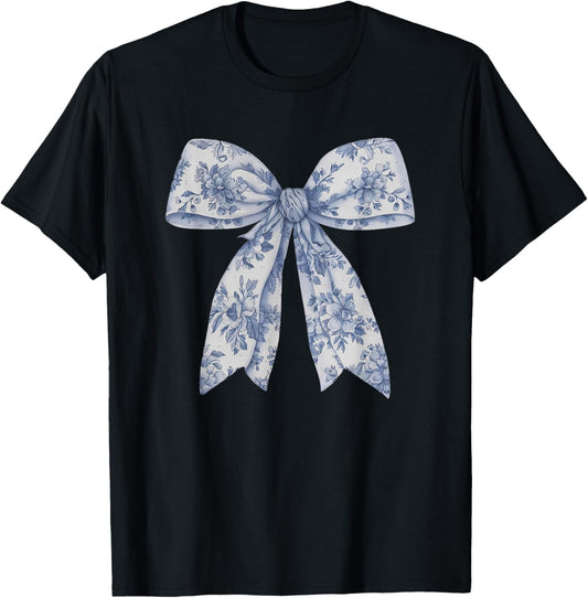 Bow Shirt | Blue Bow and Ribbon Graphic Cute for Girl Women T-Shirt - T-Shirt | Black