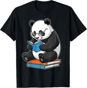 Funny Panda with Glasses Reading Book Librarian Panda T-Shirt - T-Shirt | Black