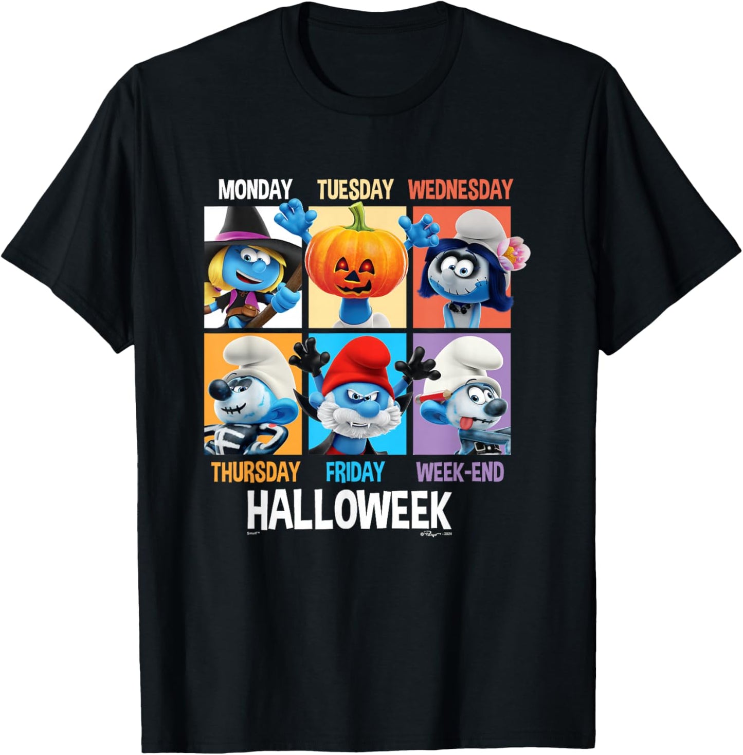 The Smurfs Halloween Hallowek Group Shot Big Chest Panels T-Shirt - T-Shirt | Black