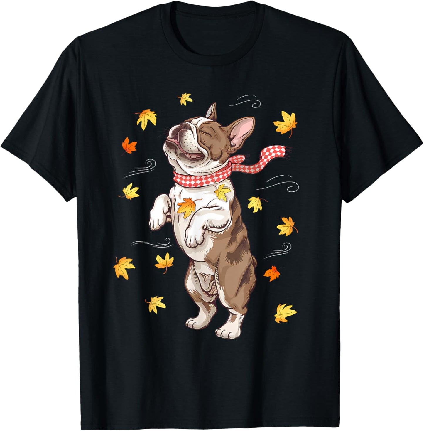 Cute Dog Autumn Fall Breeze Leaves French Bulldog T-Shirt - T-Shirt | Black